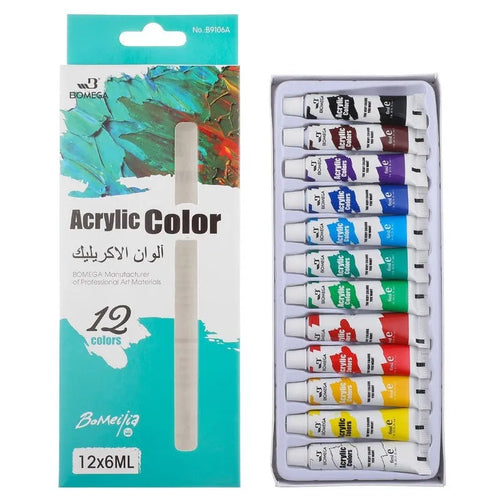 Set of twelve coloured paint tubes for acrylic, gouache, watercolour, and oil painting in 12ml and 6ml sizes.