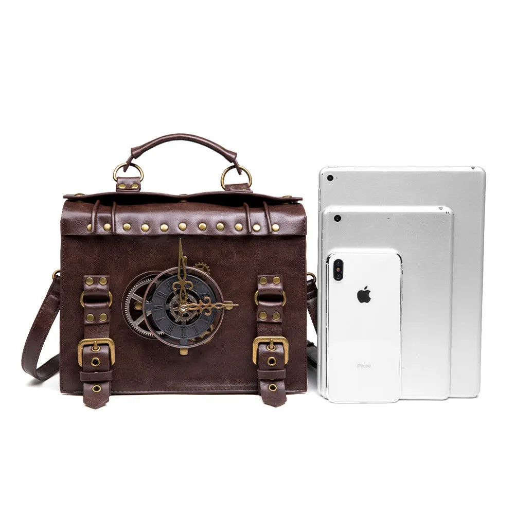 Bronze steampunk industrial retro shoulder bag with metal accents and pillow bag shape