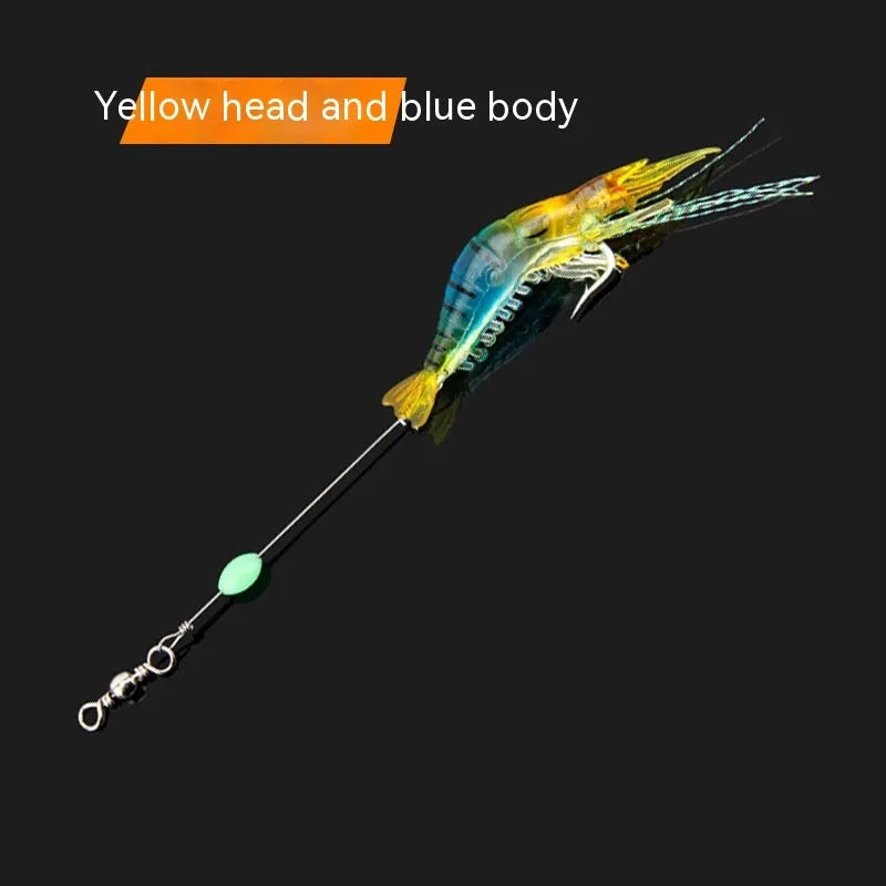 Six soft fishing lures with hooks in colours including black head yellow body, pink luminous, and red head yellow body.