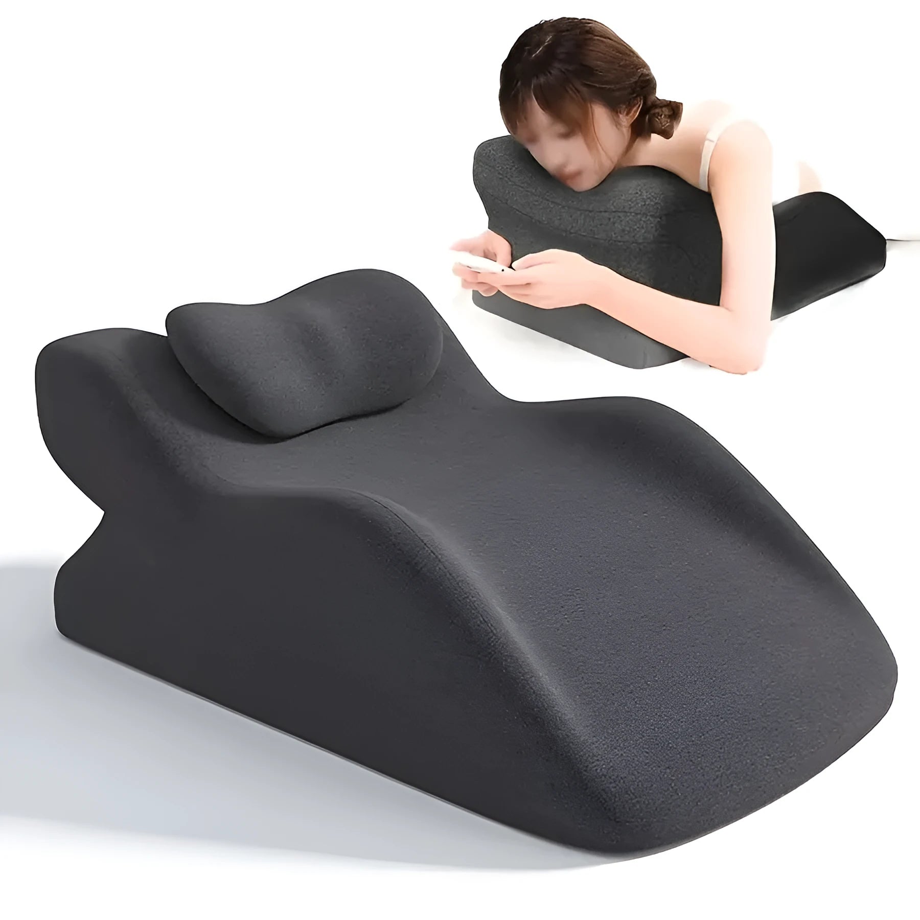 Ergonomic stomach sleeping pillow with contoured design in blue colour option