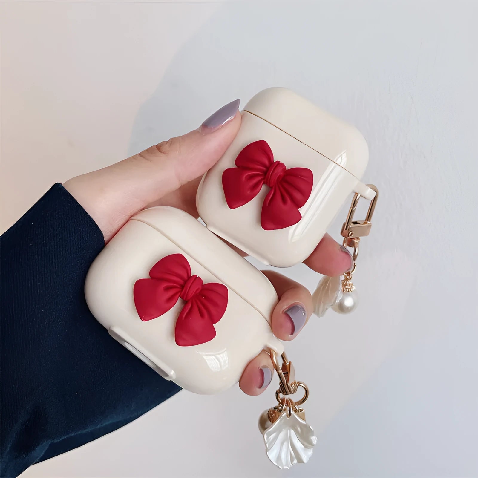 Beige red bow shell TPU clamshell case for AirPods Pro and other models