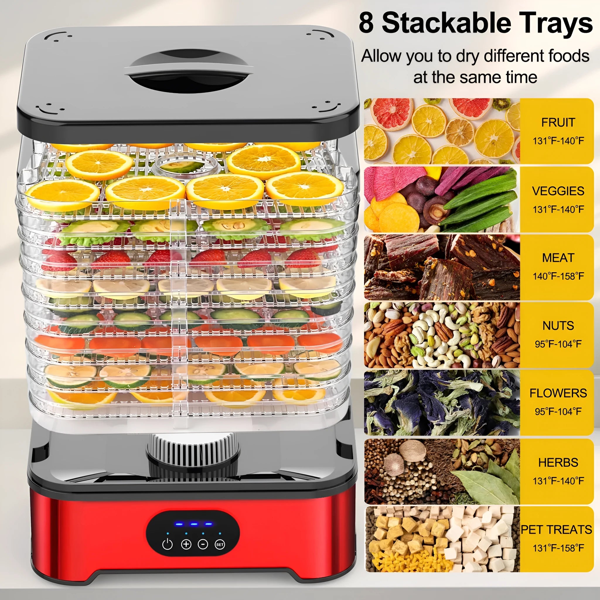 Silver or red 8-layer food dehydrator with 400W power and adjustable temperature control