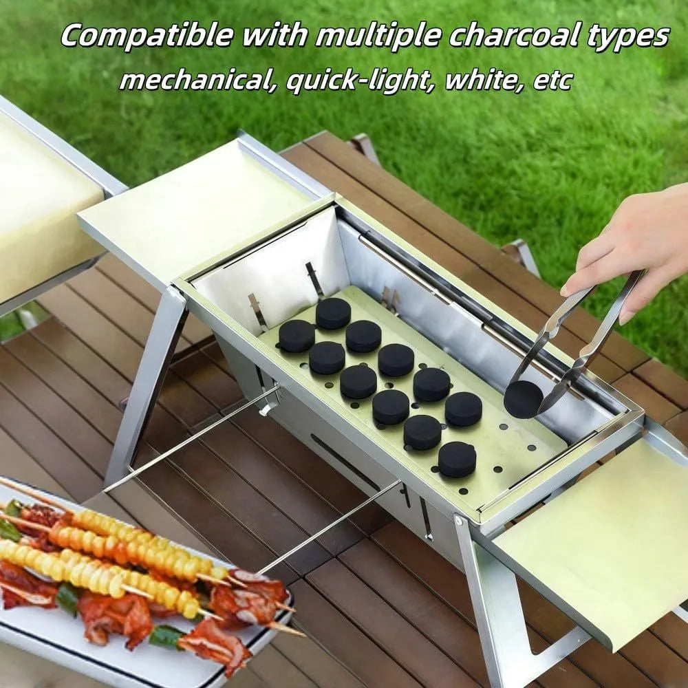 Small black foldable portable charcoal grill for outdoor barbecues, shown in both open and collapsed positions.