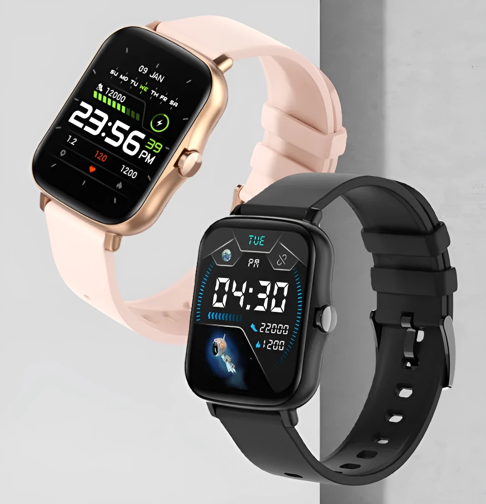Blue smart watch with 1.7-inch touch screen on adjustable strap, showing heart rate monitoring interface.
