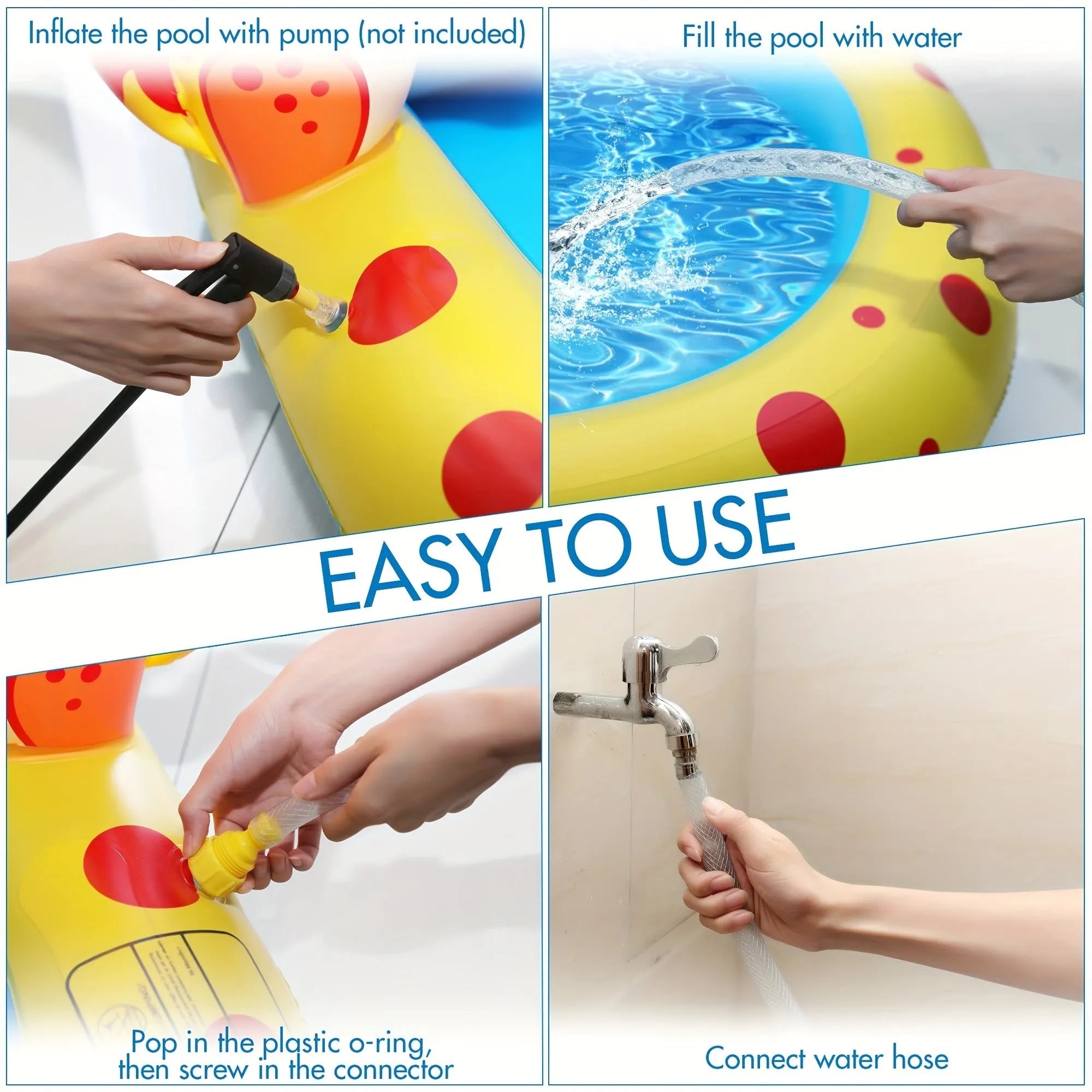 Blue dinosaur inflatable water spray pool with splash mat and toy shark for garden play
