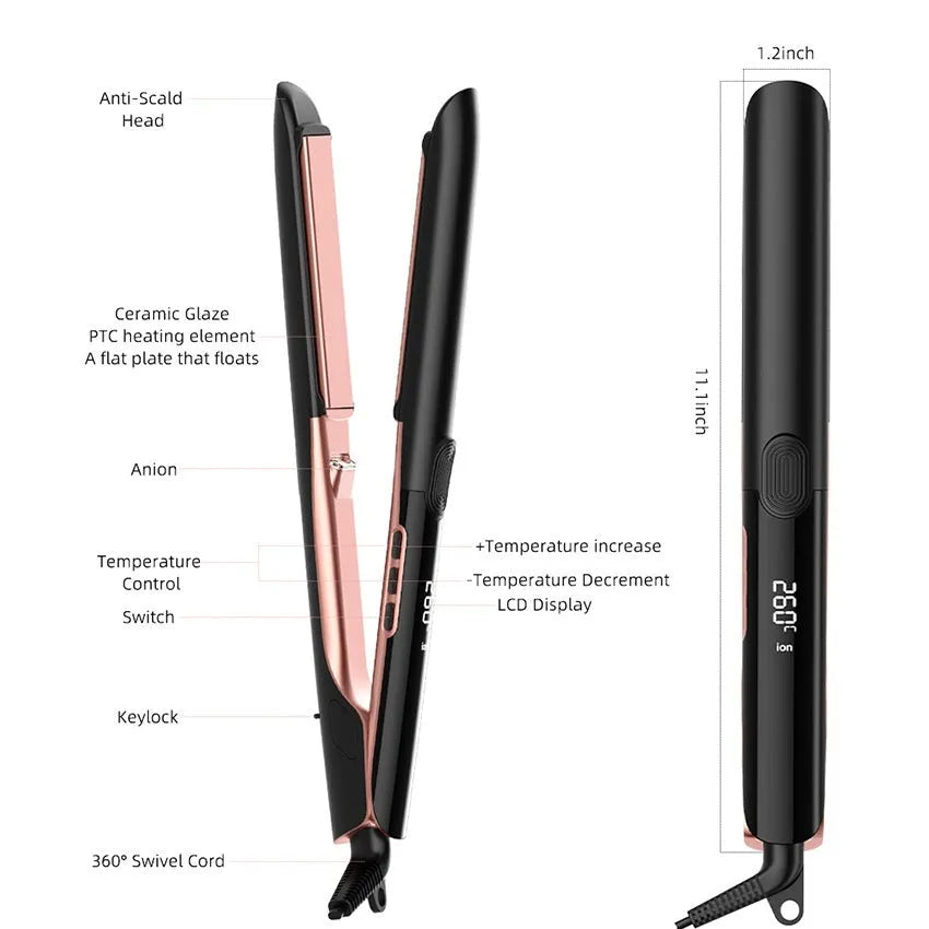 A hair straightener with a digital temperature display showing 207°C and ceramic plates.