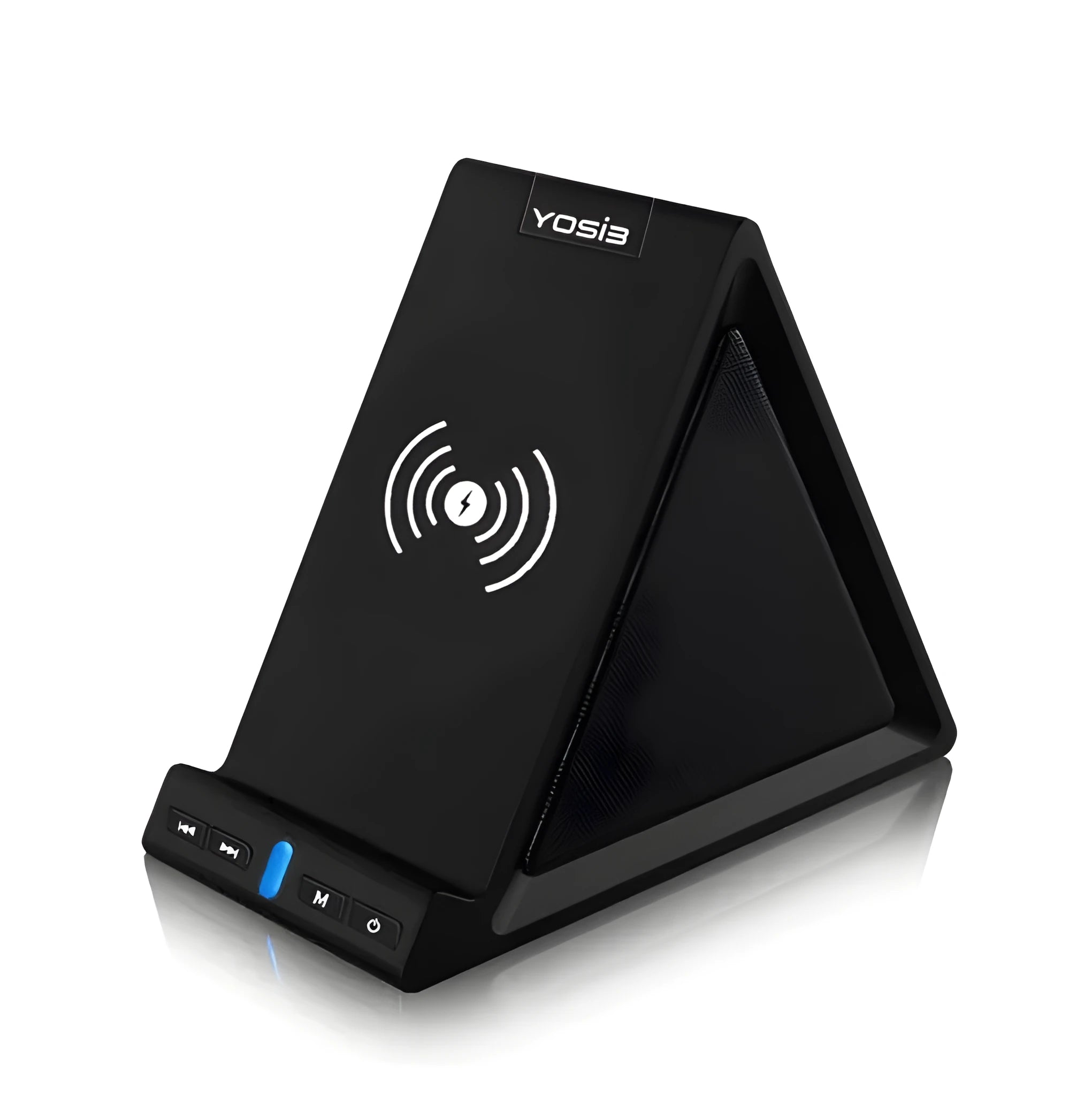 Black multifunction Bluetooth speaker with wireless charging surface and integrated phone stand