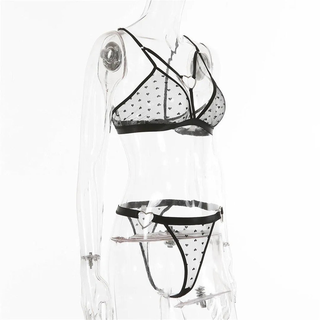 Ladies' black mesh spandex two-piece set with separate top and pants on a hanger.