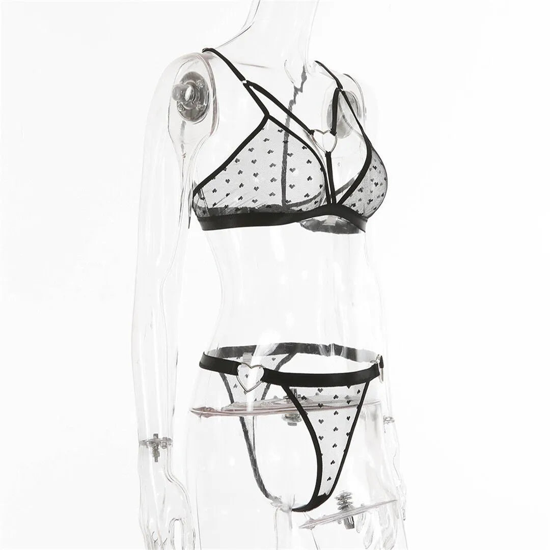 Ladies' black mesh spandex two-piece set with separate top and pants on a hanger.