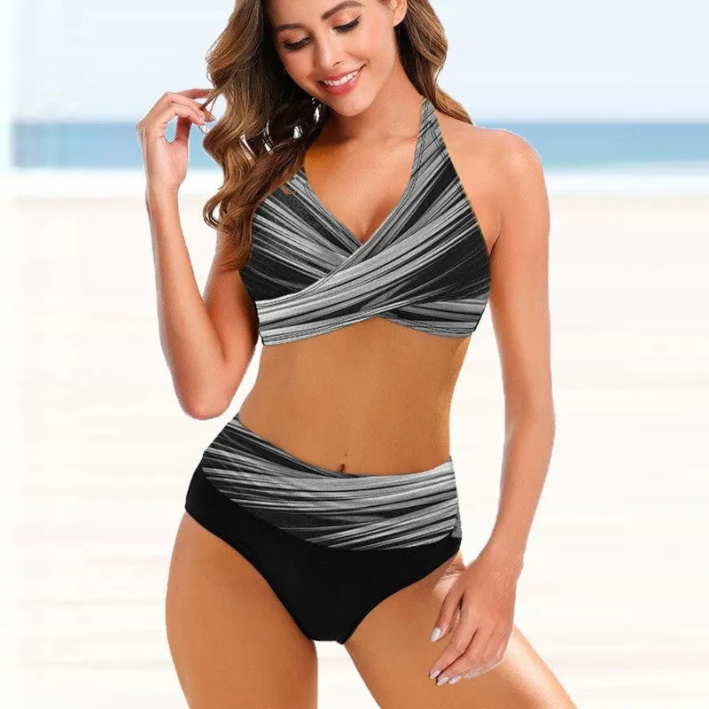 Ladies striped tie-dye hollow bikini set with high-waist briefs and backless design