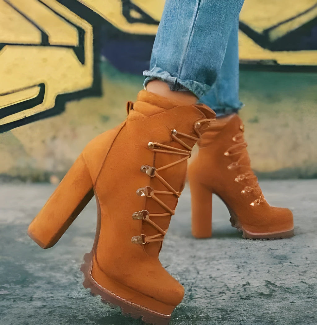 Women's suede high heel ankle boots in army green with a thick heel, round toe, and buckle detail.