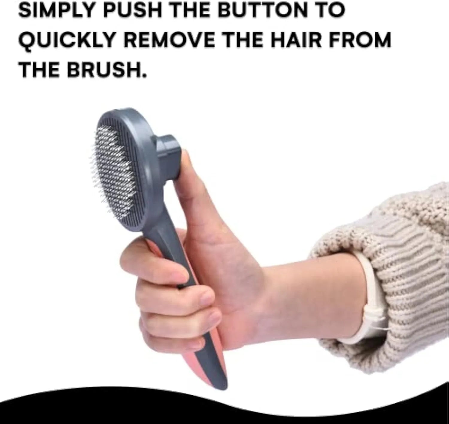 Grey self-cleaning pet slicker brush with massage-tipped bristles and a comfort-grip handle on a white background.