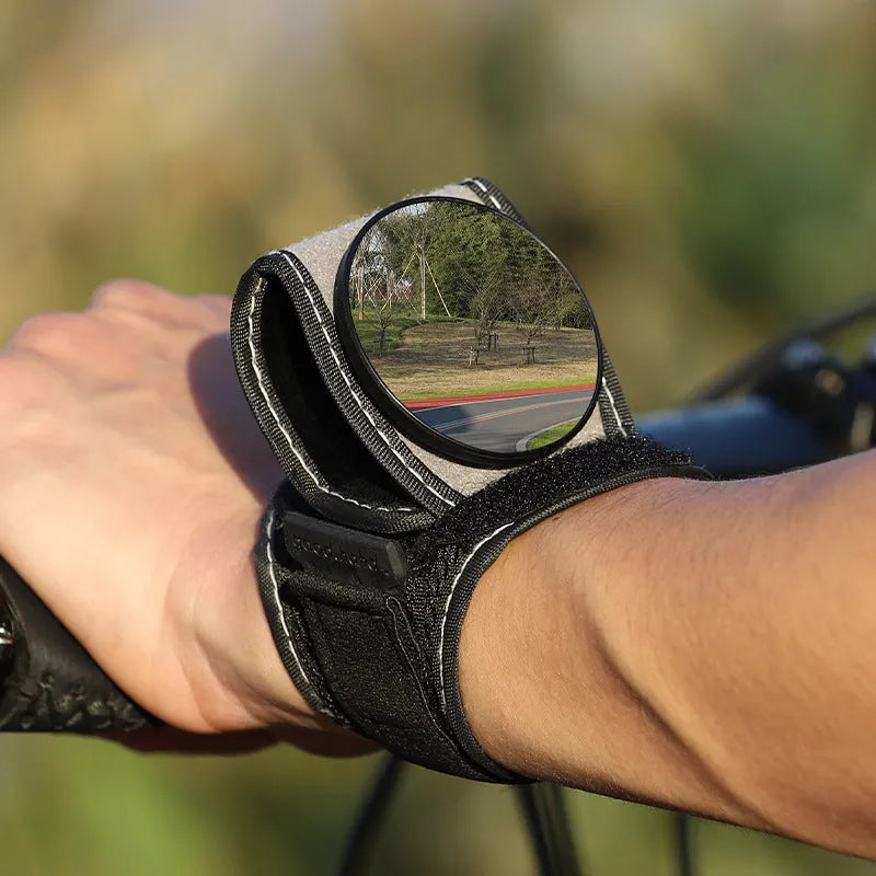 Black nylon wrist-mounted cycling rear-view mirror for bicycle safety