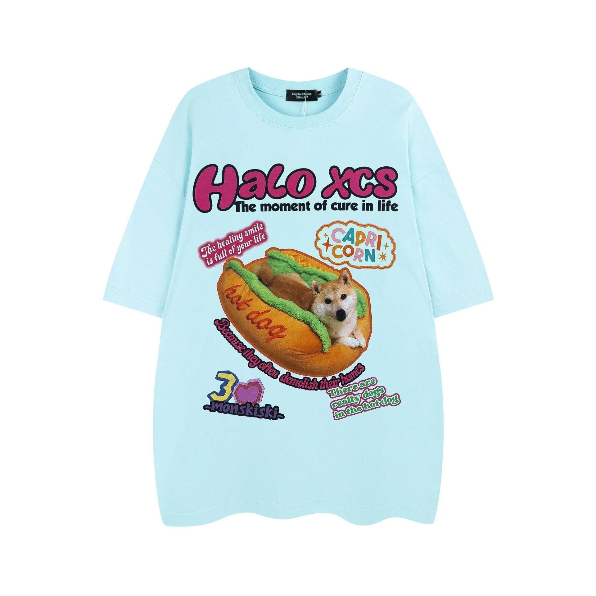 A white loose-fit cotton T-shirt with a large cartoon print of a hamburger dog.