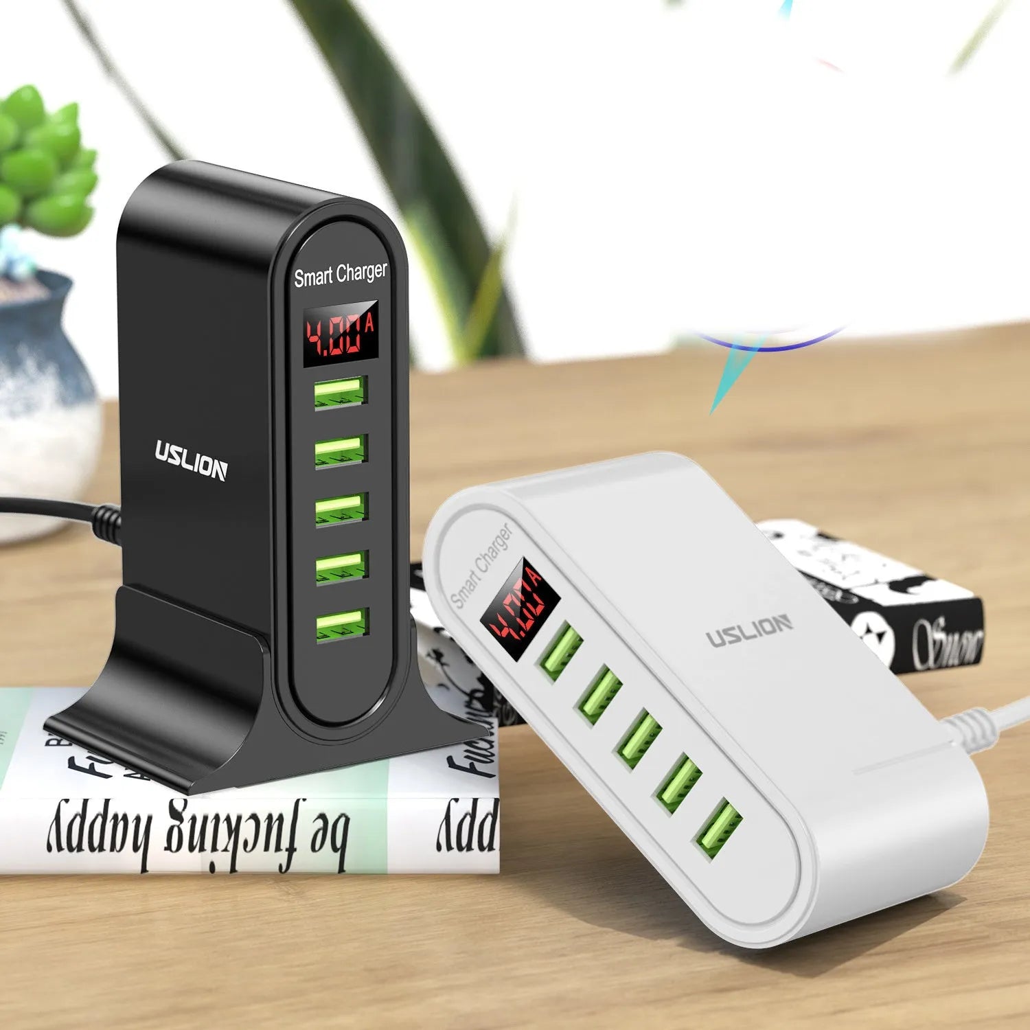 Smart LED digital display charger showing voltage readings with USB port and optional plug styles
