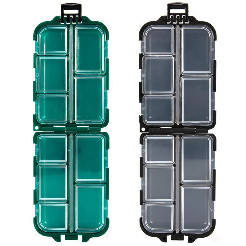 Plastic fishing tackle storage box with 10 grid compartments for organising small fishing accessories