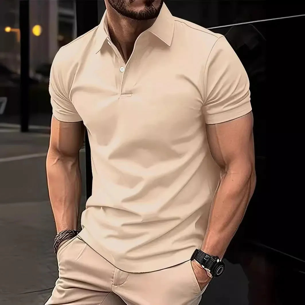 Men's slim fit solid colour cotton blend short sleeve button down shirt