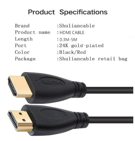 Gold-plated male-to-male HDMI cable shown in multiple available lengths.