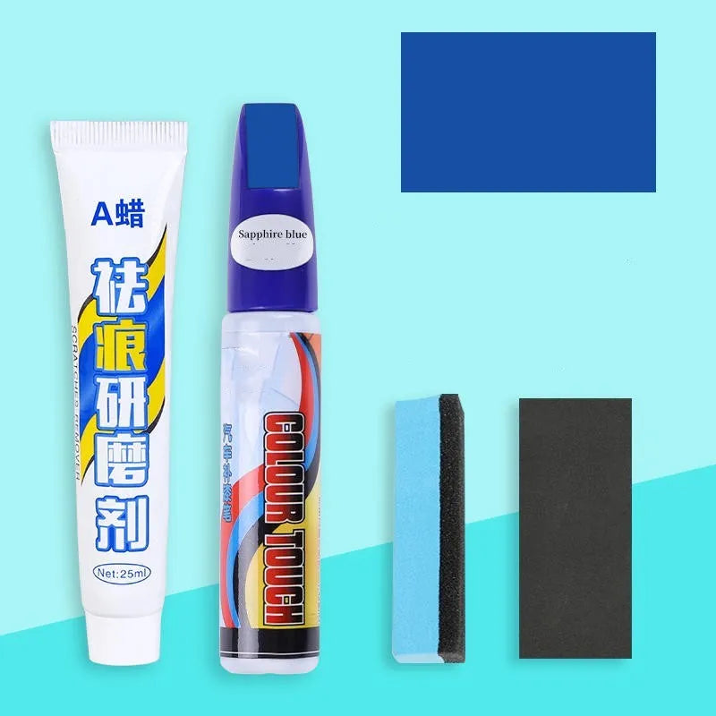 Automotive paint repair pen and scratch removal fluid 4-piece set for car touch-ups.