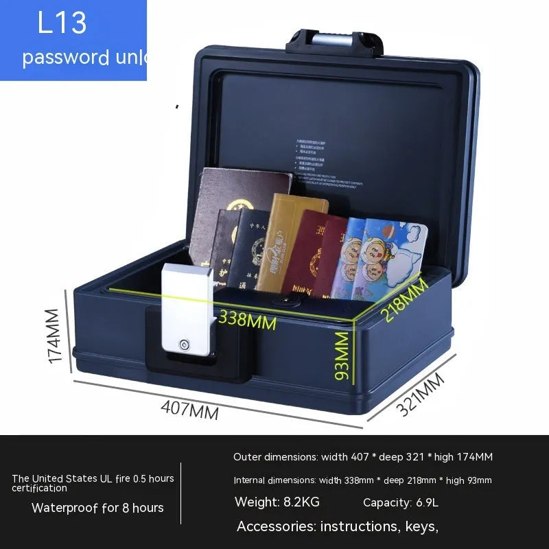 Portable small password safe with mechanical key lock in grey steel construction