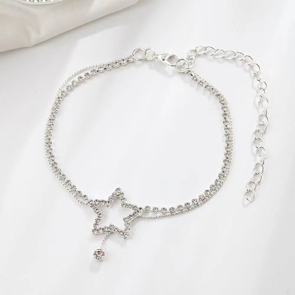 Women's five-pointed star heart rhinestone necklace anklet in gold or silver with plated artificial gemstone inlay