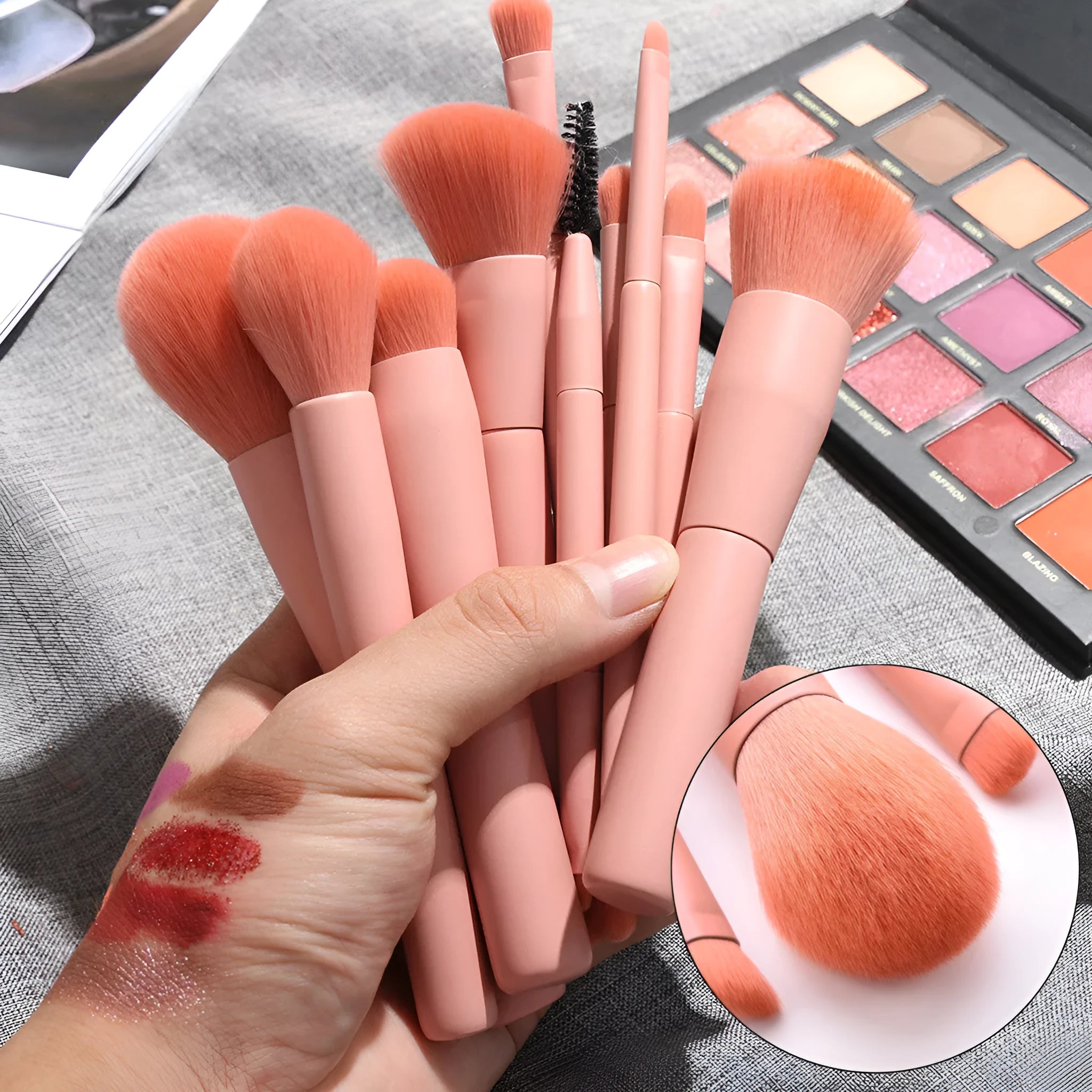 10 professional makeup brushes with wooden handles, including powder, foundation, and double-ended detail brushes.