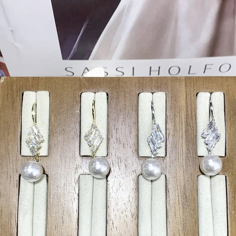 French hook earrings with pearl drop and micro inlaid sparkling diamond accent in Gold or Silvery