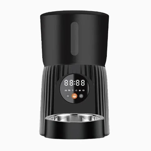 Black automatic pet feeder with digital display and food storage compartment