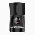 Black automatic pet feeder with digital display and food storage compartment