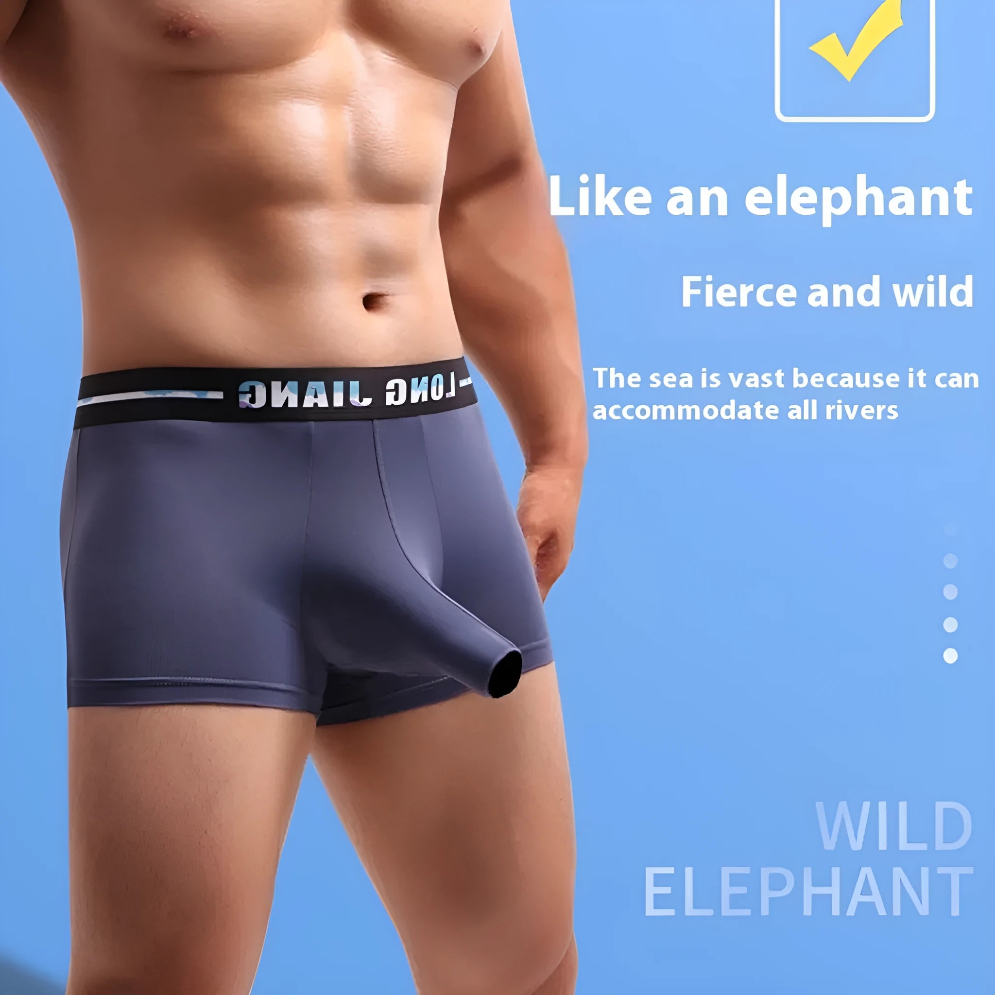 Men's Ice Silk trunk open boxers in a selection of solid colours including black, grey, and army green.