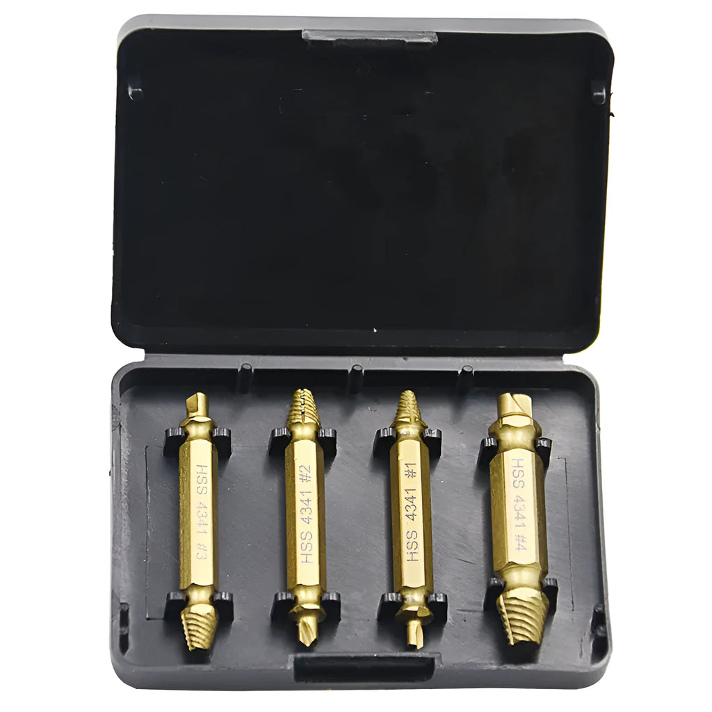 5-piece screw extractor set in 4341 high-speed steel for removing damaged fasteners