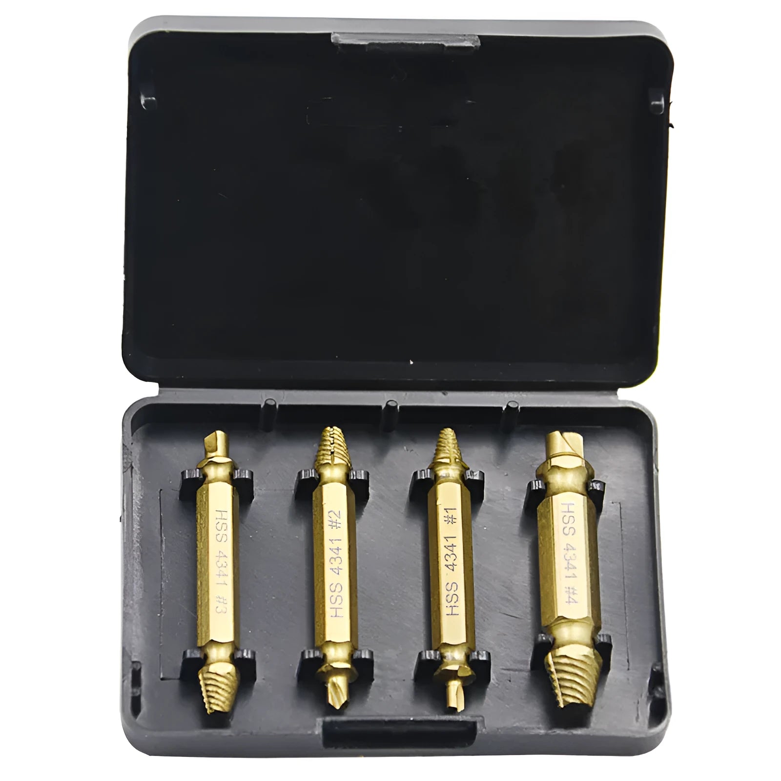 5-piece screw extractor set in 4341 high-speed steel for removing damaged fasteners