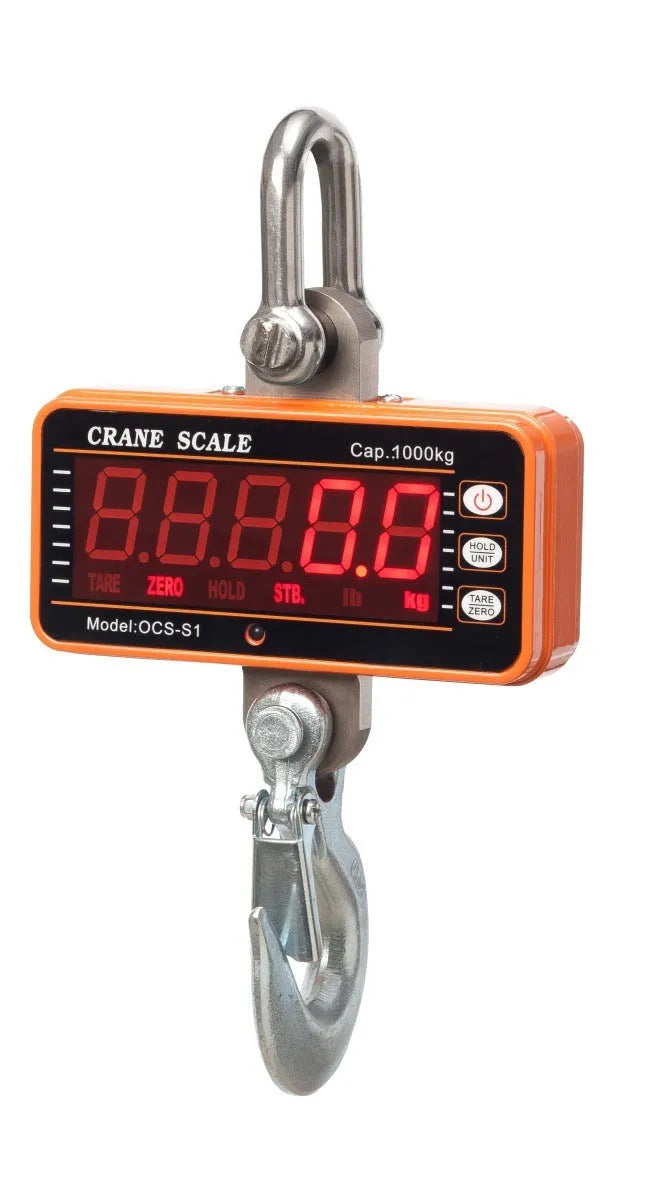 Orange electronic crane scale with digital display for industrial weighing up to 500 kg