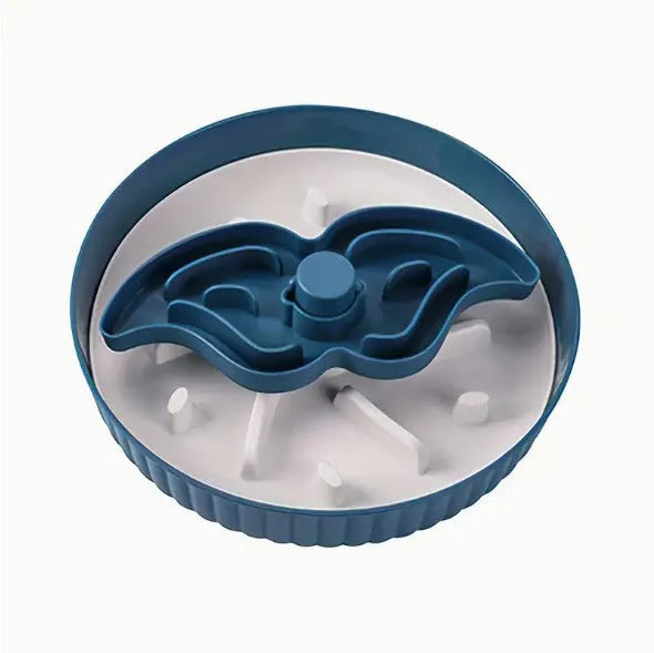 Interactive dog slow feeder bowl with rotating game board and textured silicone licking mat insert.