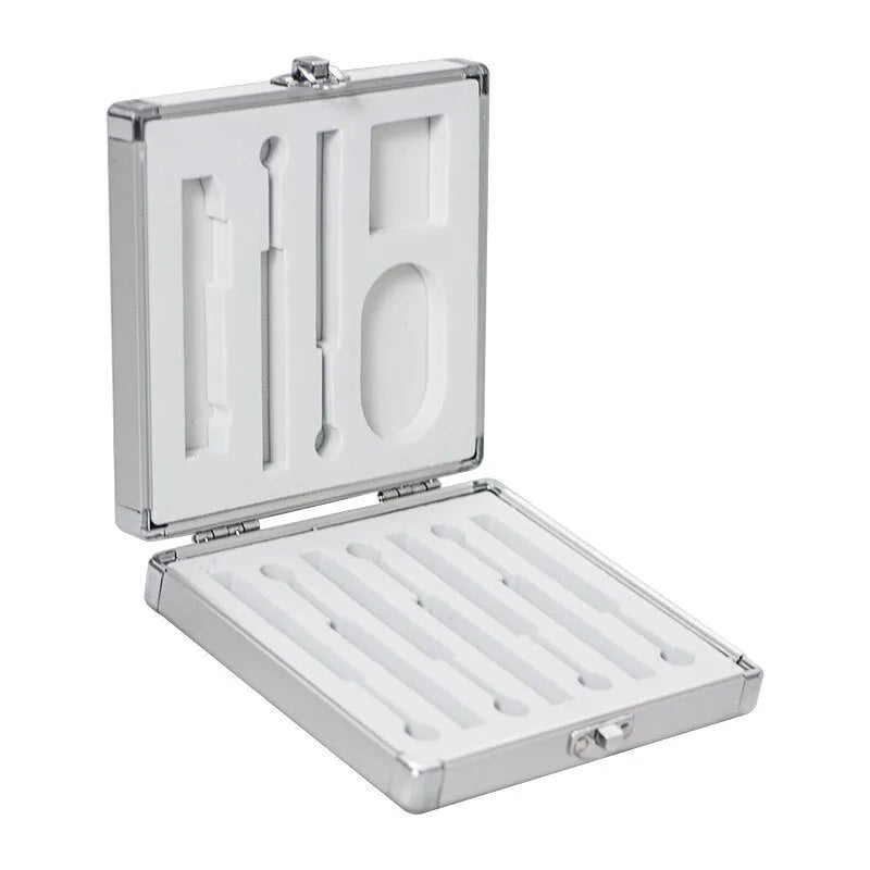Silver aluminium storage box for TS100 soldering iron showing compact dimensions