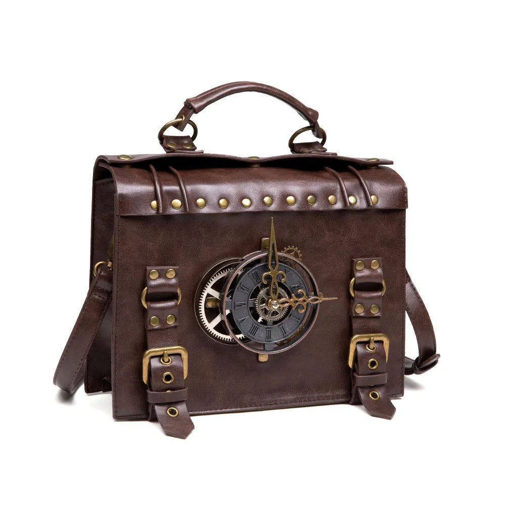 Bronze steampunk industrial retro shoulder bag with metal accents and pillow bag shape