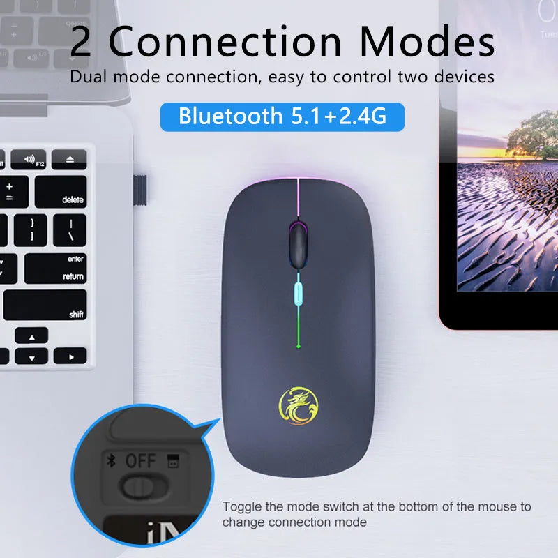 Black or white dual-mode wireless mouse with silent buttons and charging light