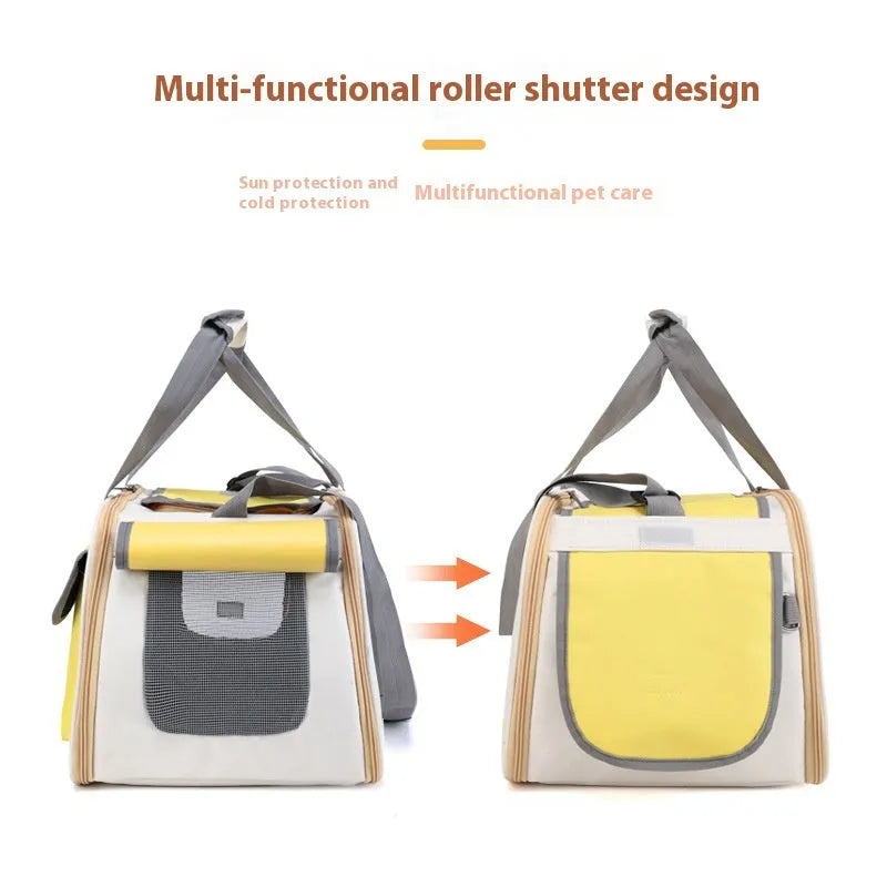 Yellow foldable canvas pet carrier backpack shown from the side.
