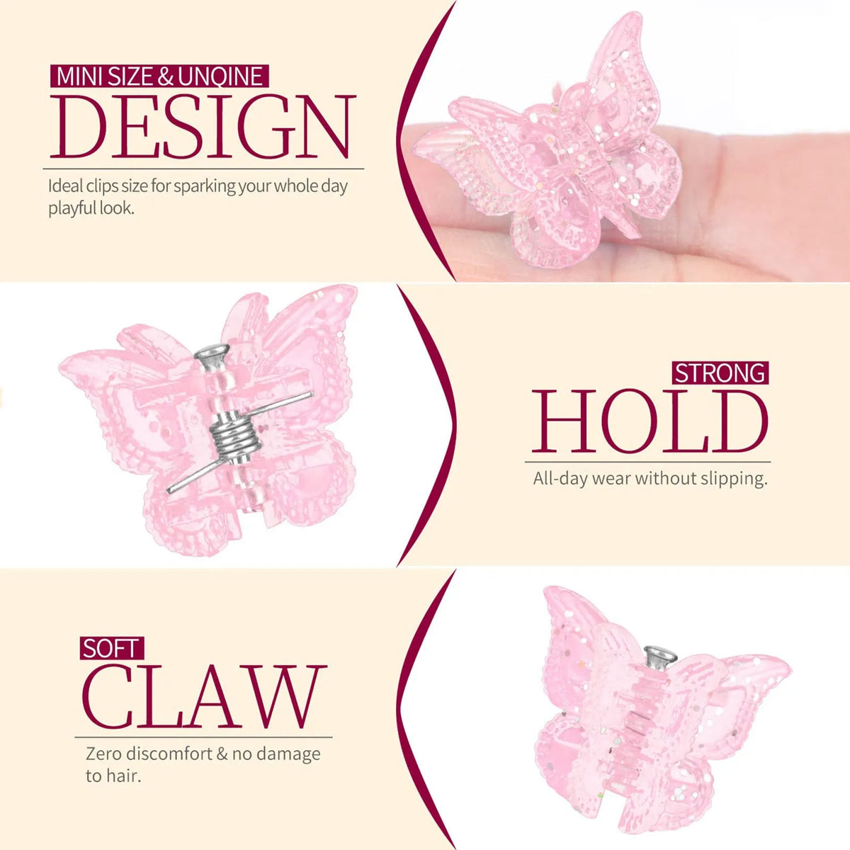 Assortment of 50 small glitter butterfly hair claw clips in 14 different colours on a white background.