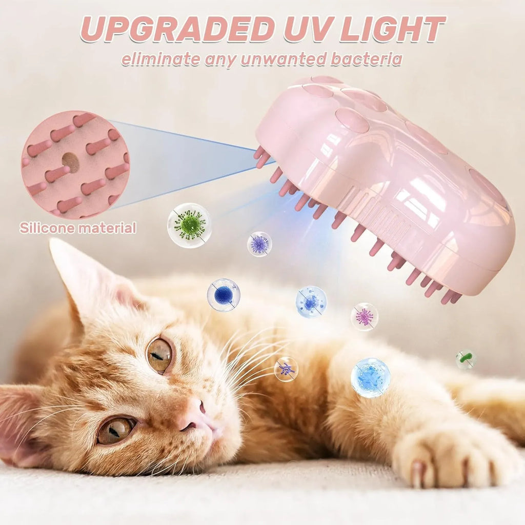 Blue self-cleaning cat steam brush with silicone bristles and a water spray function.