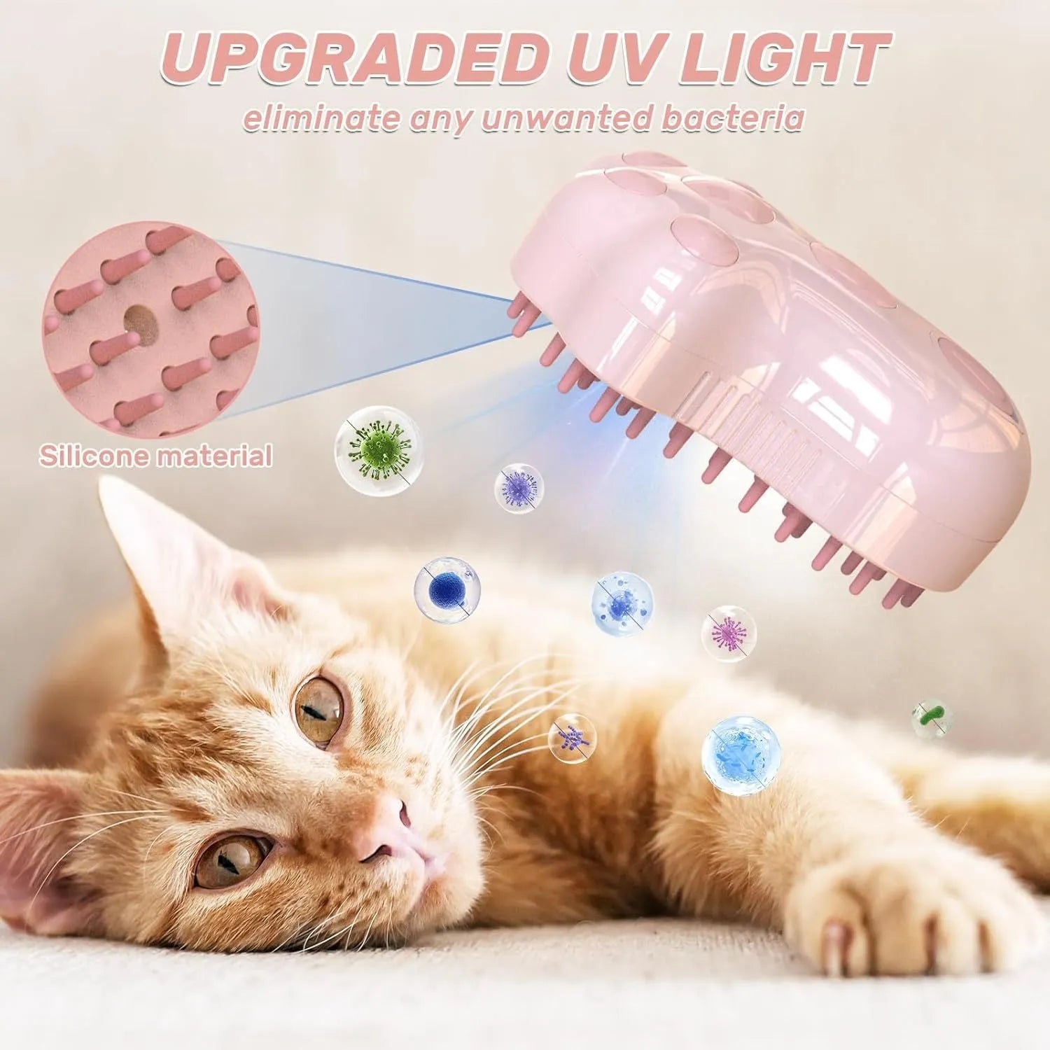 Blue self-cleaning cat steam brush with silicone bristles and a water spray function.