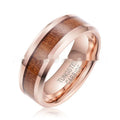U-shaped tungsten men's ring with 8mm wide band in rose gold or steel finish on a grey background.