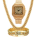 Roman numeral quartz watch with black mesh band and square diamond dial, with matching bracelet and necklace set.