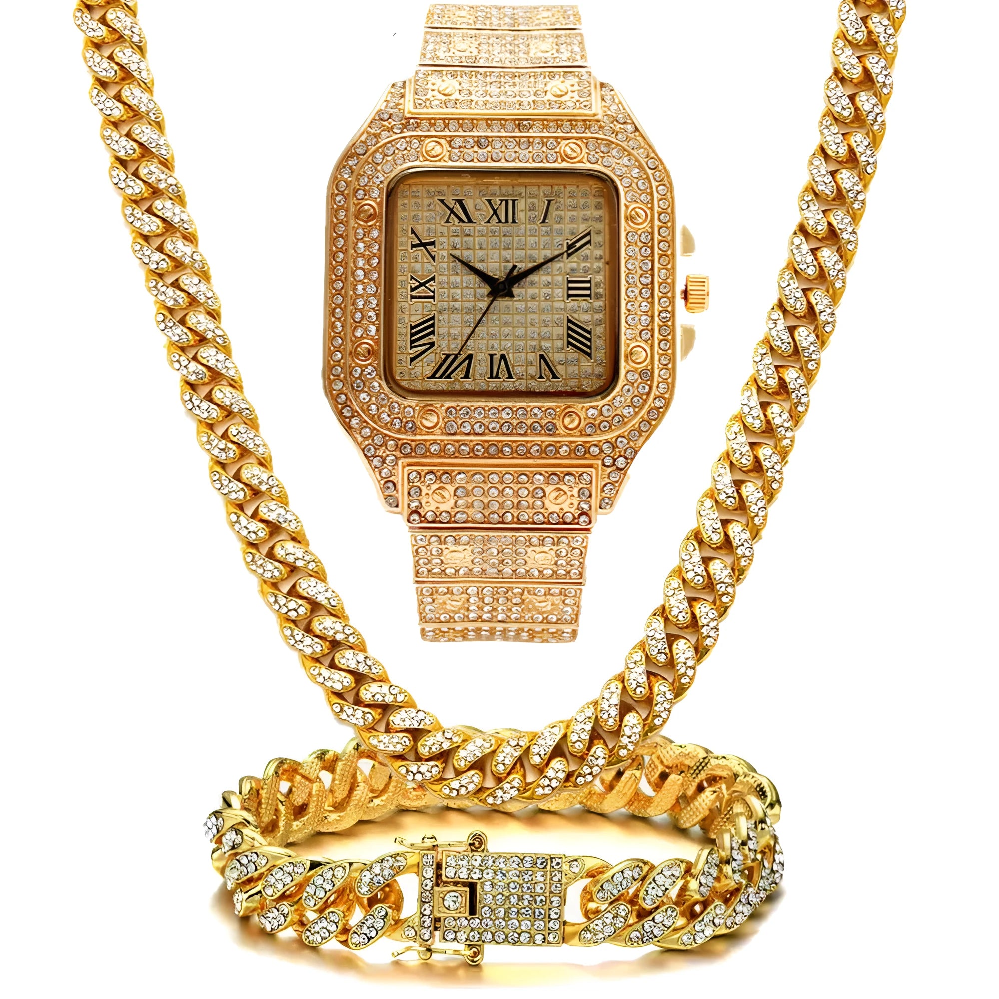 Roman numeral quartz watch with black mesh band and square diamond dial, with matching bracelet and necklace set.