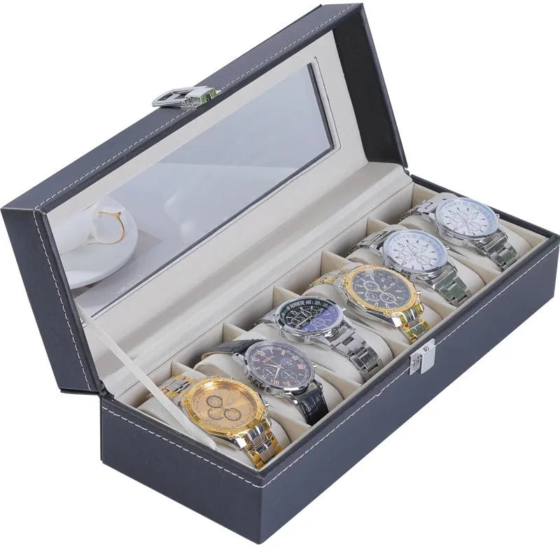 Leather watch storage box with clear dustproof lid showing multiple watch compartments