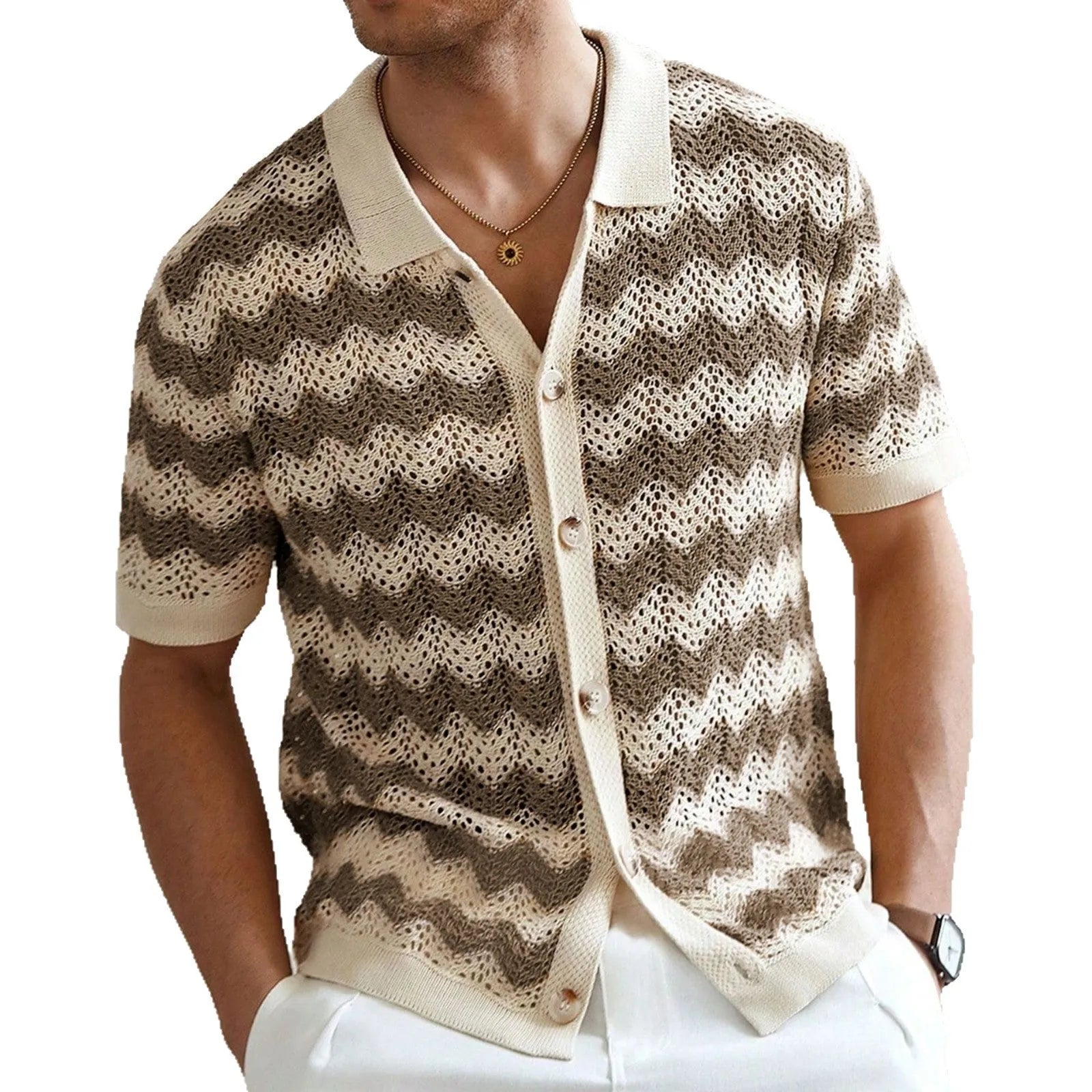Yellow hollow jacquard corrugated short sleeve sweater with flocking detail on a hanger.