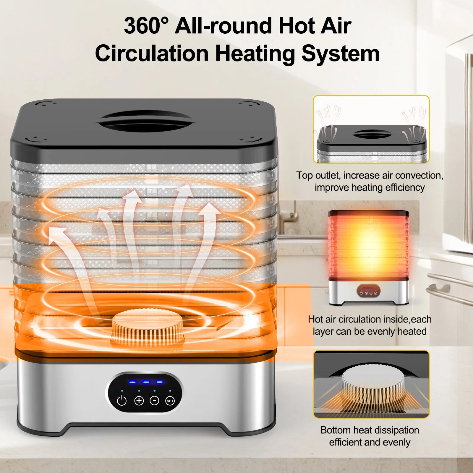 Silver or red 8-layer food dehydrator with 400W power and adjustable temperature control