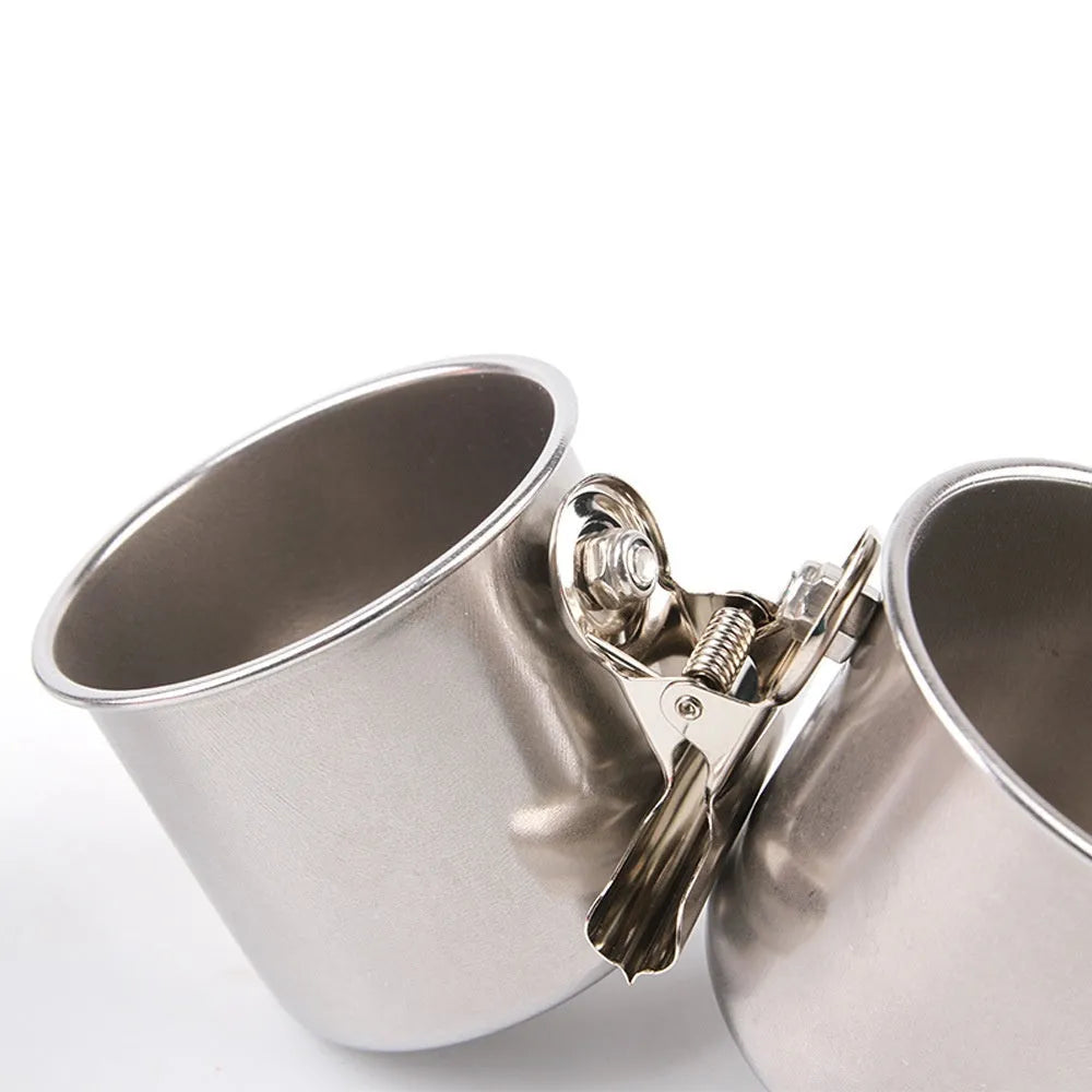 Stainless steel outdoor bird feeder for cages in natural metal colour.
