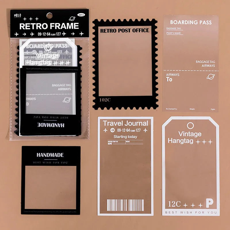 15 sheets of Frame Series retro decorative stickers with photography, film, magazine, music, social, and retro frame designs.
