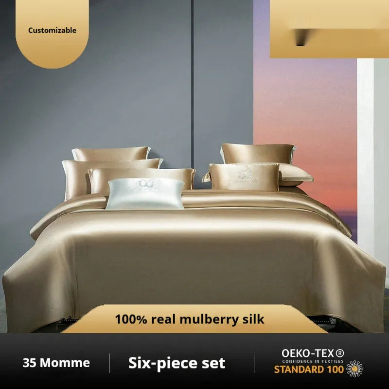 Solid colour silk four-piece quilt cover set shown in a light luxury bedroom setting.